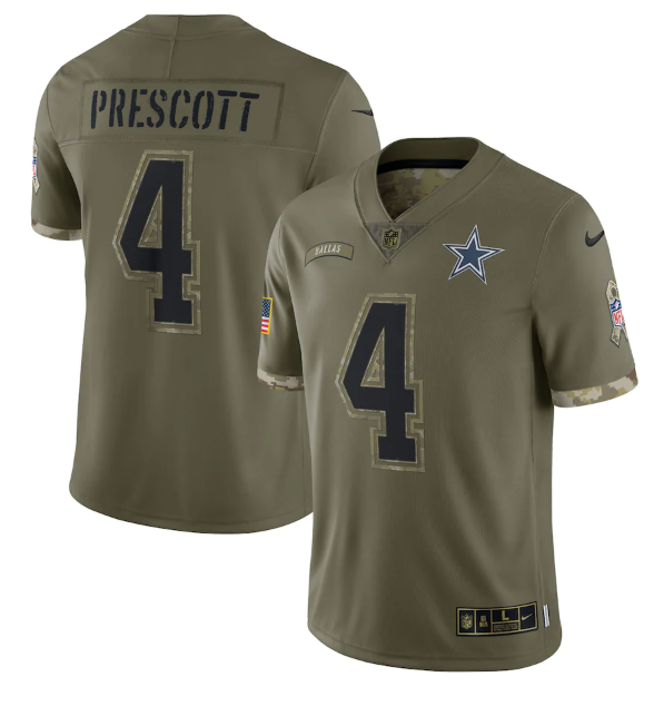 Men's Dallas Cowboys #4 Dak Prescott Olive 2022 Salute To Service Limited Stitched Jersey